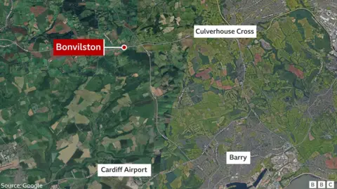 A map of the Vale of Glamorgan.
/p
pIt shows a red label for Bonvilston which shows the A48 links to Culverhouse cross.
/p
pAt the bottom of the map there is a label for Cardiff Airport and Barry.