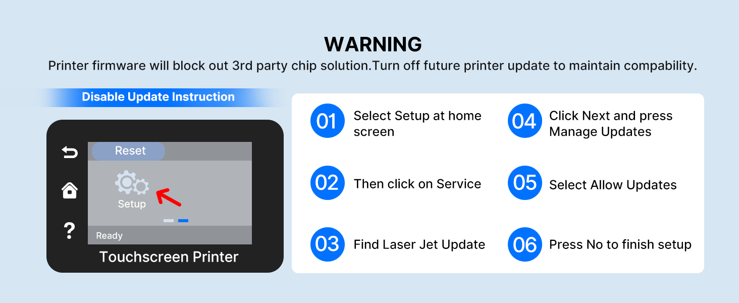 Text reads: 'WARNING' followed by touchscreen device interface showing setup instructions with multiple circular icons and guidance steps.