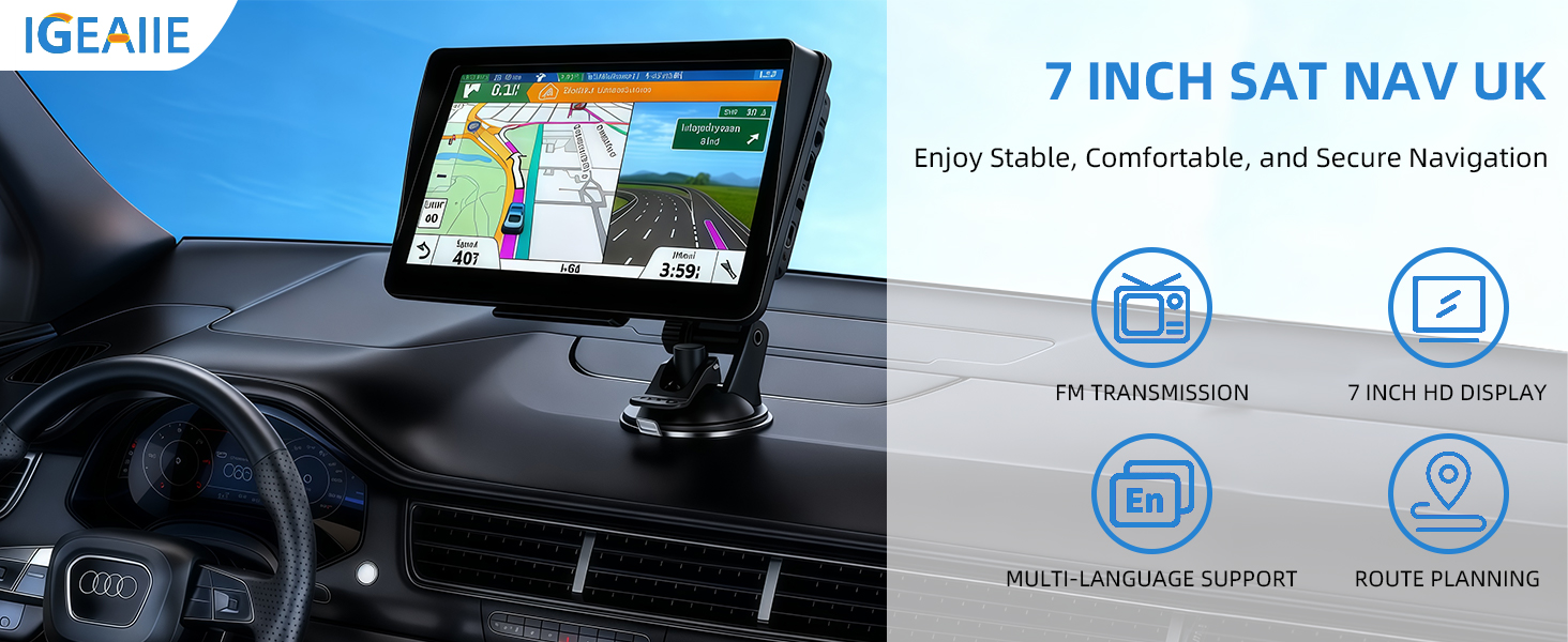 Text reads '7 INCH SAT NAV UK IGEALLE'. Car dashboard mount with GPS navigation display screen, showing interface features and mounted on windshield.