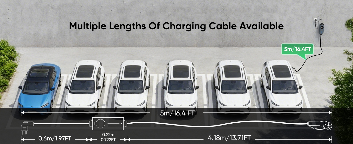 Text reads 'Multiple Lengths Of Charging Cable Available'. Image shows parked electric vehicles with charging stations and cables in what appears to be a parking lot.