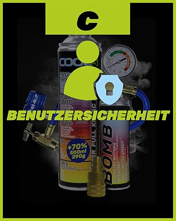 Neon green and black infographic showing 'COOL 5' rating system with five criteria in German: Benutzersicherheit, Autosicherheit, Sichtbarkeit, Komfort, and Wert des Autos.