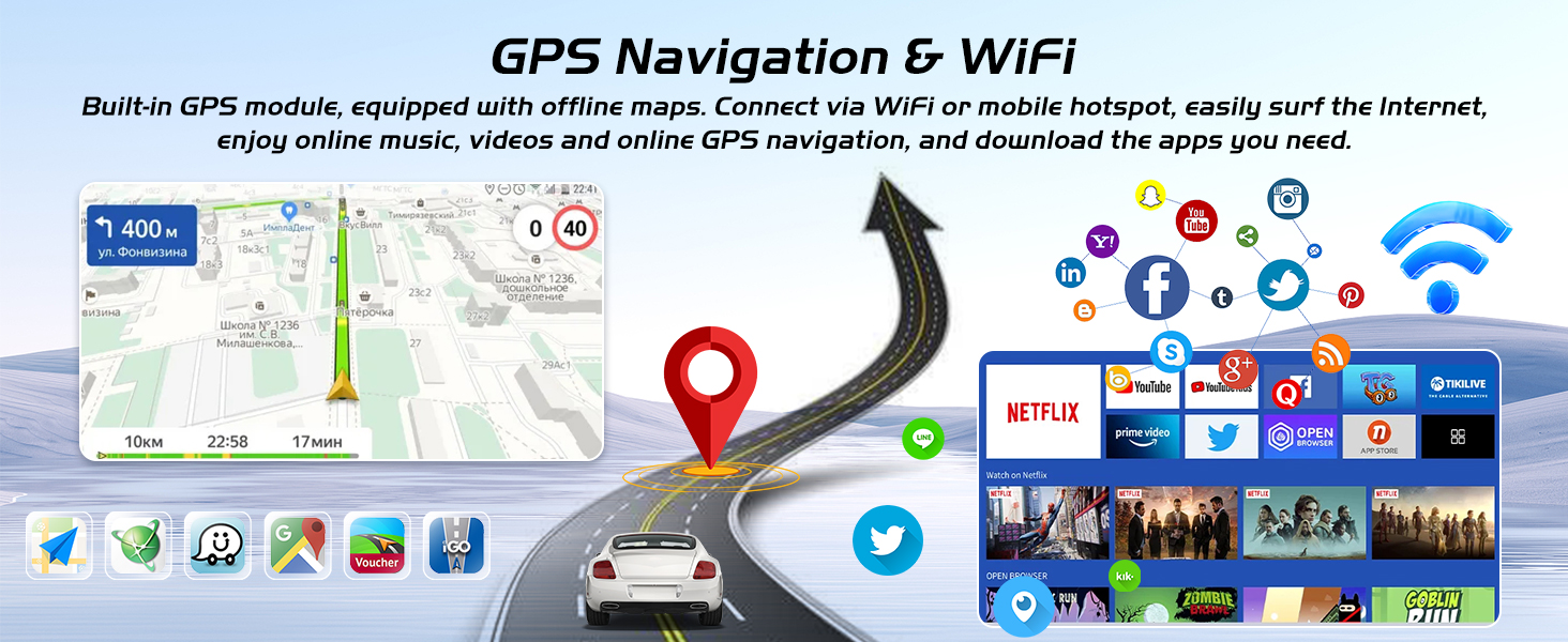 Text reads 'GPS Navigation & WiFi'. Composite image showing map interface, navigation route, and various app icons including Netflix and social media logos.