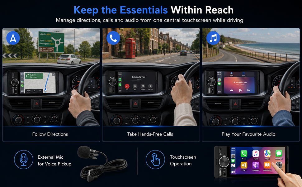 Text reads "Make Everyday Parking Easier" and "The included rear camera gives a clear view when reversing". Car dashboard display system showing multiple camera view modes with parking assistance interface and feature icons.