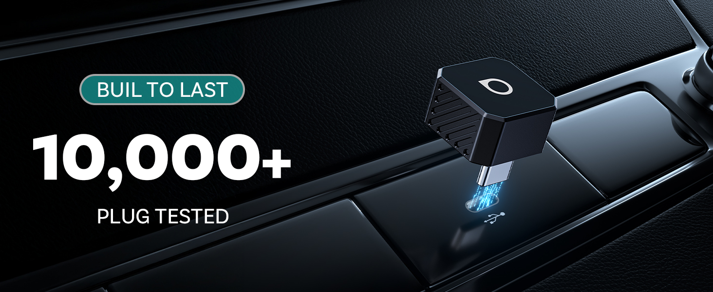 Text reads 'BUILT TO LAST' and '10,000+ PLUG TESTED'. Dark promotional image showing black electronic cable or connector with blue illuminated elements.