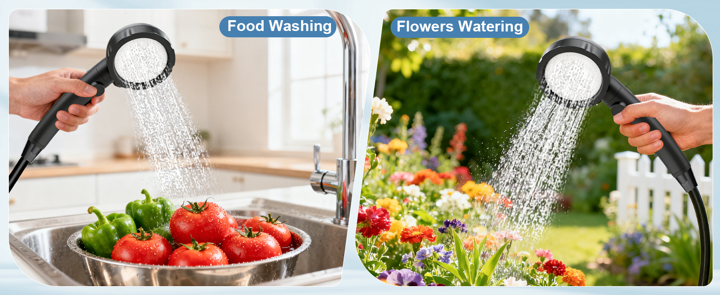 Split image showing spray nozzle attachment in use: left side washing vegetables in kitchen sink, right side watering garden plants outdoors.