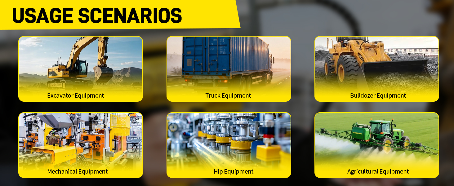 Text reads 'USAGE SCENARIOS'. Series of outdoor scenes showing equipment being used in various field or agricultural settings.