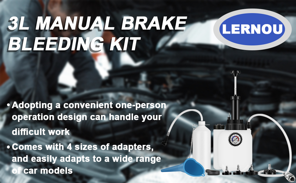 Text reads '3L MANUAL BRAKE' and 'LERNOU'. Product photo showing automotive brake system components with technical specifications and adapter information.