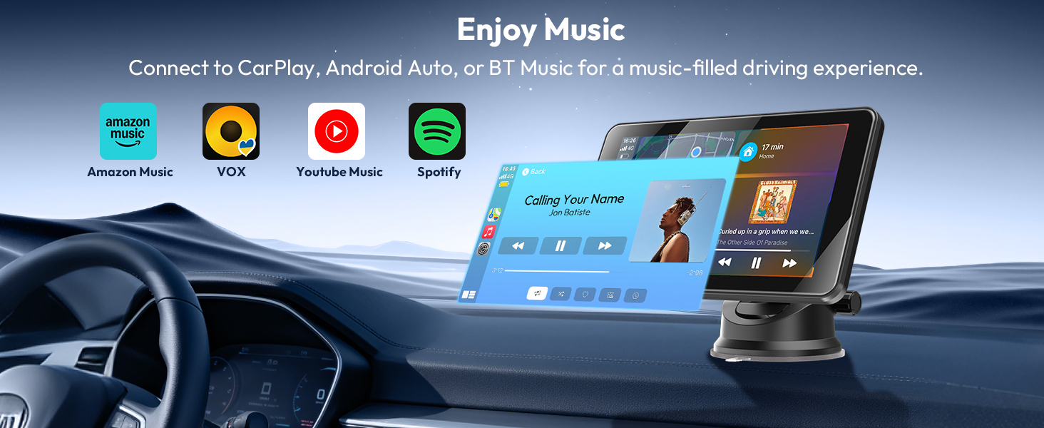 Text reads 'Enjoy MUSIC' 'Connect to CarPlay, Android Auto'. Car dashboard display showing music interface with app icons including Amazon Music, YouTube, Spotify.