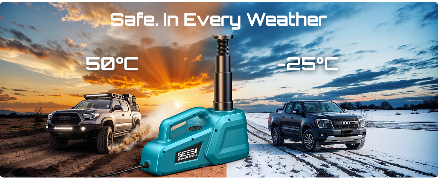 Text reads 'Safe in Every Weather', '+50°C', '-25°C'. Three landscape photos showing cars in different weather conditions: snow, bright sunlight, and sunset.