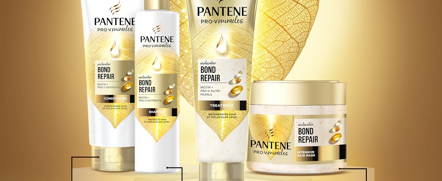 Text reads 'HAIR REGENERATION ROUTINE' and 'STRENGTHEN PROTECT REGENERATE REPAIR'. Gold-toned hair care product bottles and containers displayed with golden wheat stalk accent on gradient background.