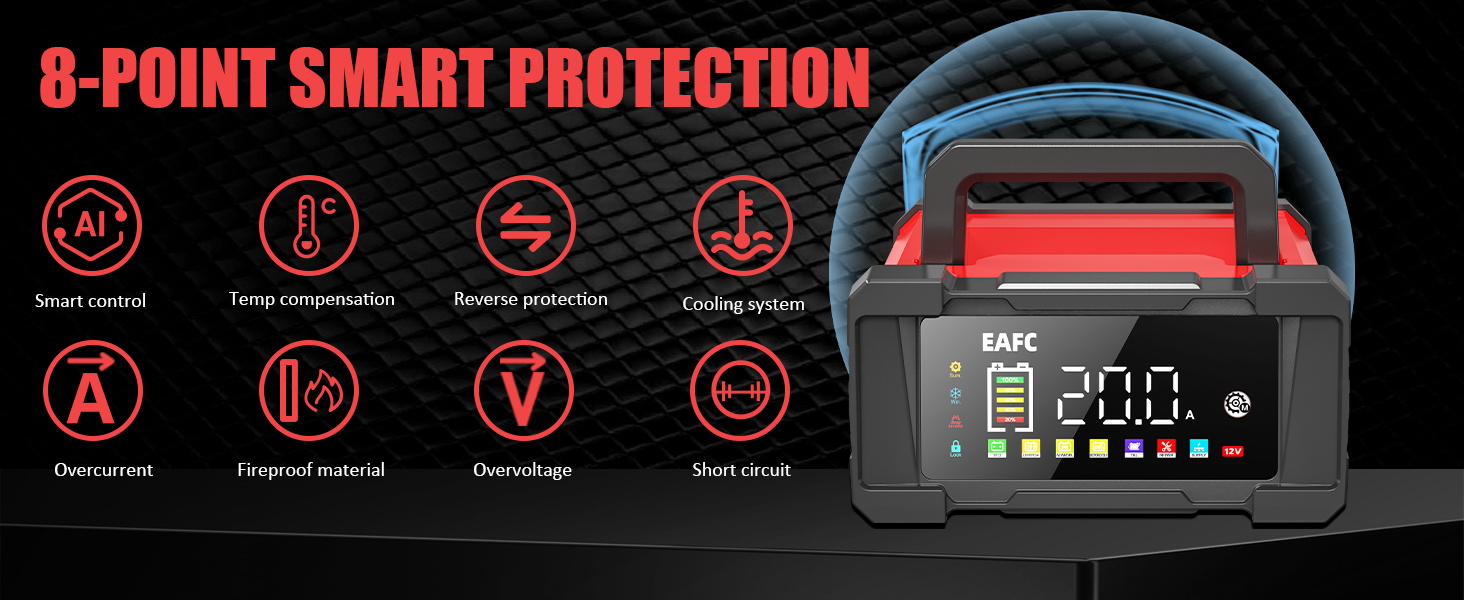Text reads: '8-POINT SMART PROTECTION'. Digital interface display showing various protection features with blue illuminated icons and indicators.