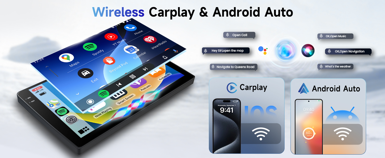 Text reads 'Wireless Carplay & Android Auto'. Multiple screens showing smartphone integration interface with car display system, featuring navigation and connectivity icons.