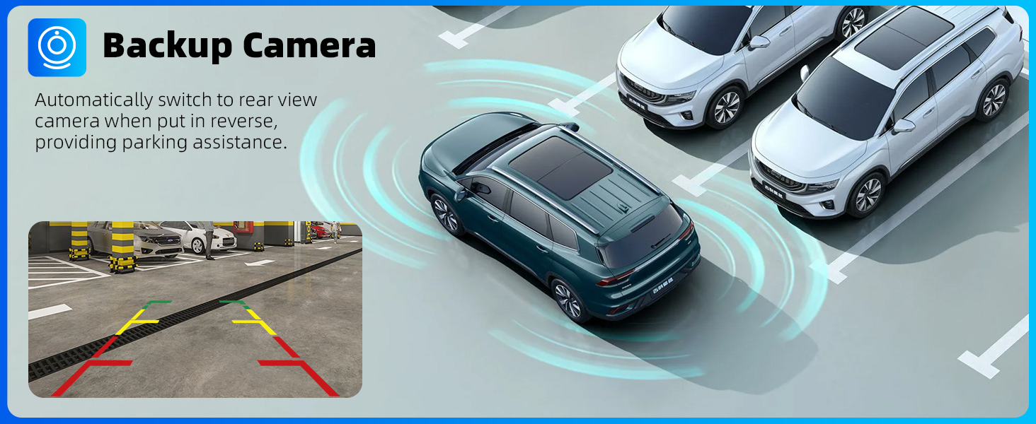 Vehicle backup camera system interface showing parking guide lines and rear view monitoring of parked cars.
