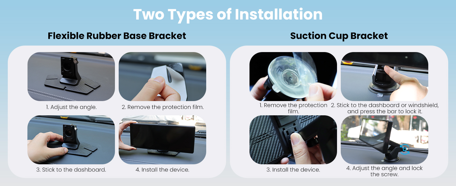 Text reads 'Two in one installation'. Multiple images demonstrating installation process of a product with flexible rubber pieces and brackets.