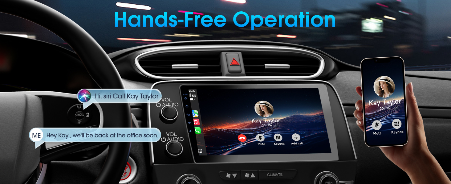 Text reads 'Hands-Free Operation'. Car dashboard display interface showing digital controls and navigation screen with blue accent lighting.
