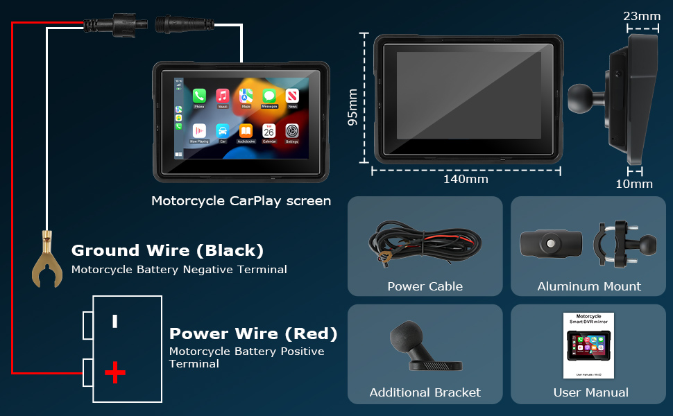 Text reads: 'Ground Wire (Black)', 'Power Wire (Red)', 'Motorcycle CarPlay screen'. Technical diagram showing installation wiring scheme with USB ports, power connections, and mounting brackets for a motorcycle display system.