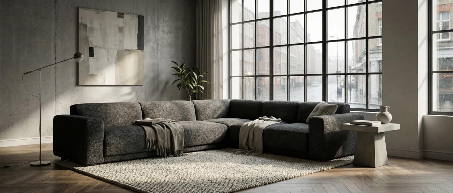 Modern industrial-style living space with large windows, concrete floors, and minimalist furniture. Grey sectional sofa and area rug in an open-plan setting with natural lighting.