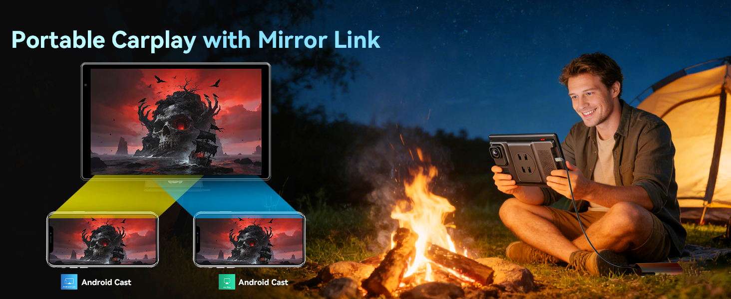 Text reads 'Portable Carplay with Mirror Link'. Marketing image showing split screen of device mirroring capability, with outdoor camping scene demonstration.