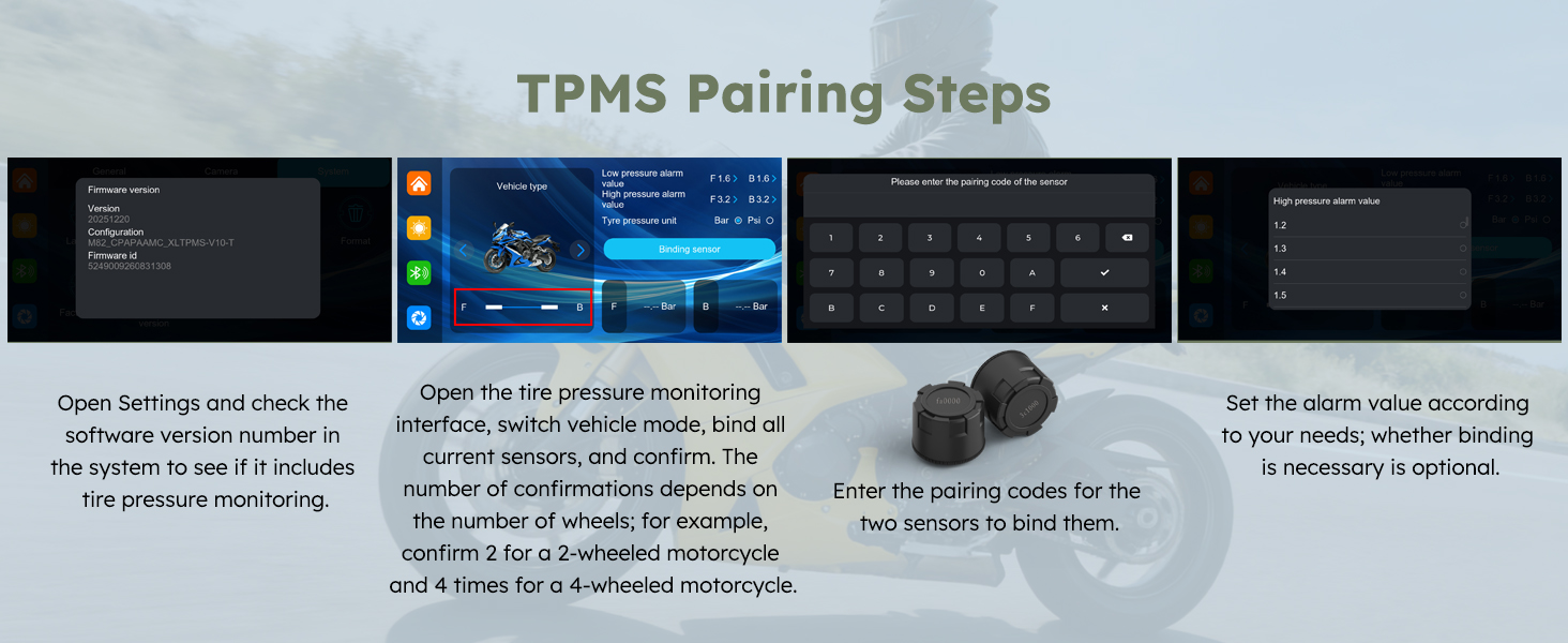 Text reads 'TPMS Pairing Steps'. Series of instructional screens or interface displays showing pairing procedure steps.