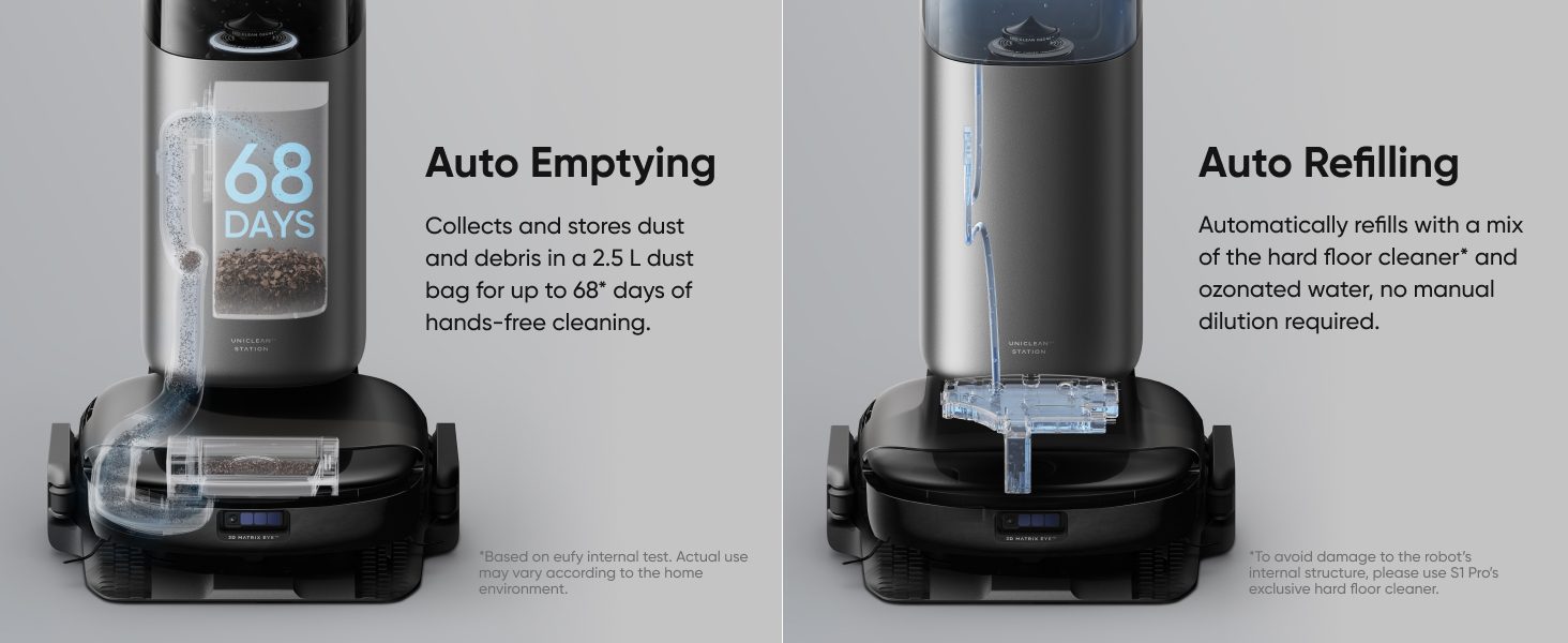 Split product demonstration showing robotic vacuum's auto-emptying feature collecting dust for 68 days, and auto-refilling capability with clean water tank system.
