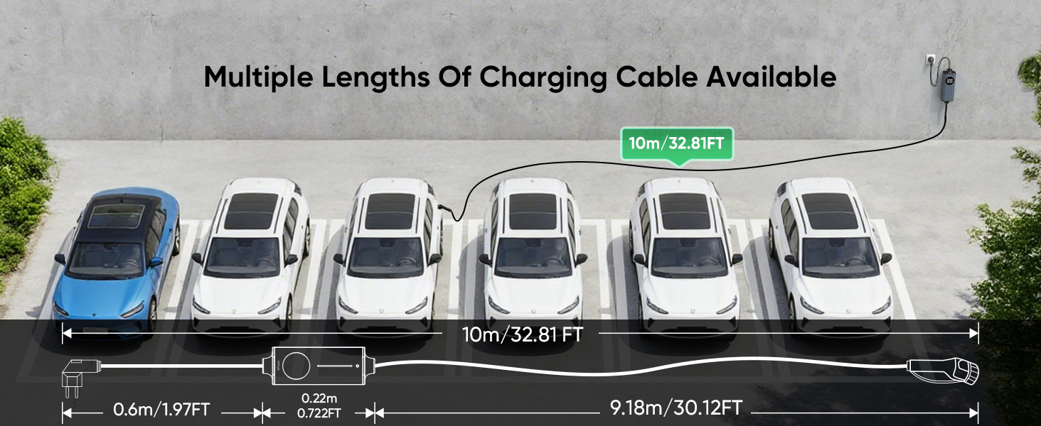 Text reads 'Multiple Lengths Of Charging Cable Available'. Diagram showing charging cable lengths with measurements 3ft-12.8FT, followed by image of parked electric vehicles.