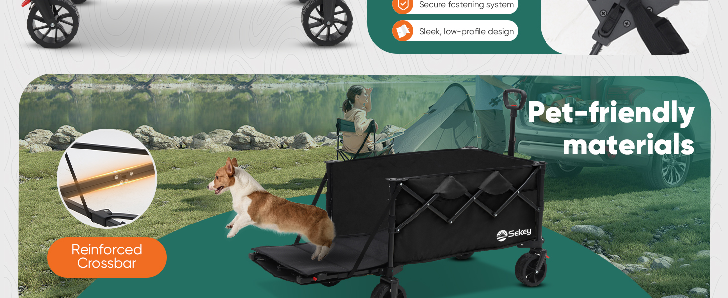 Marketing image for a folding wagon highlighting heavy-duty frame construction. Features reinforced frame with multiple color options and an innovative locking mechanism for stability.