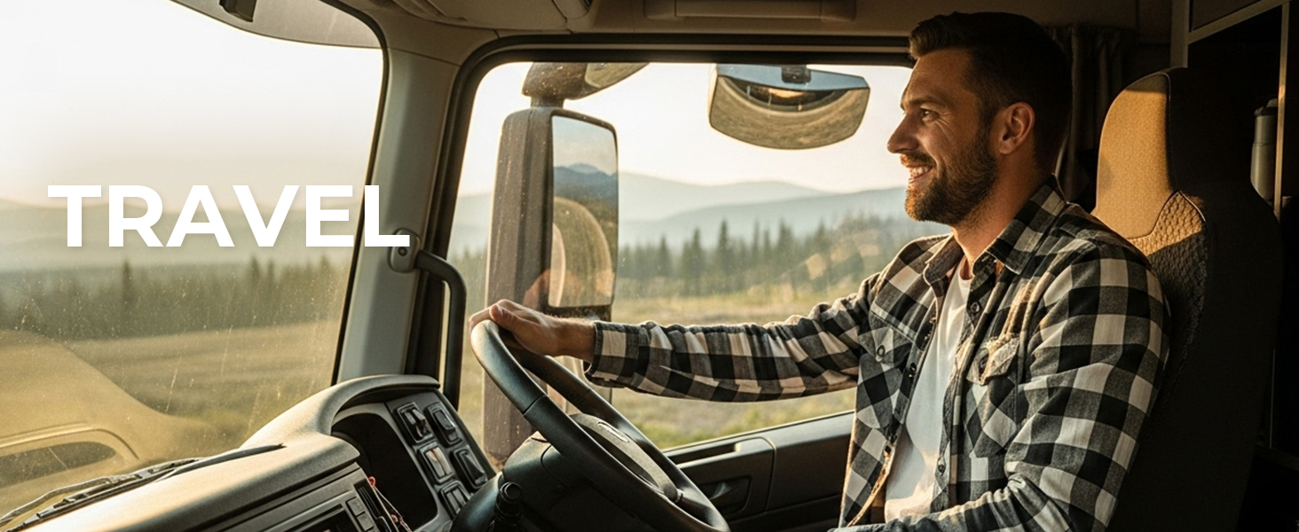 Text reads "TRAVEL". Man in plaid shirt driving vehicle with open window, forest landscape visible. Represents travel/road trip scenario.