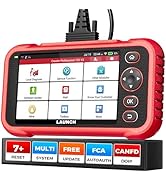 Text reads 'CRP123E Newest Version' with feature badges showing 'Systems', 'Printer', 'All Systems', 'FCA', and supported protocols. Red and black handheld diagnostic device with touchscreen display showing menu icons.