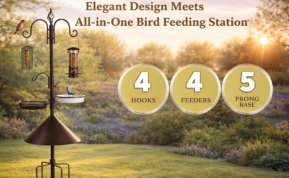 Text reads 'Elegant Design Meets All-in-One Bird Feeding Station' with three circular badges showing '4 HOOKS', '4 FEEDERS', '5 PRONG BASE'. Sunset background with bird feeder silhouette.