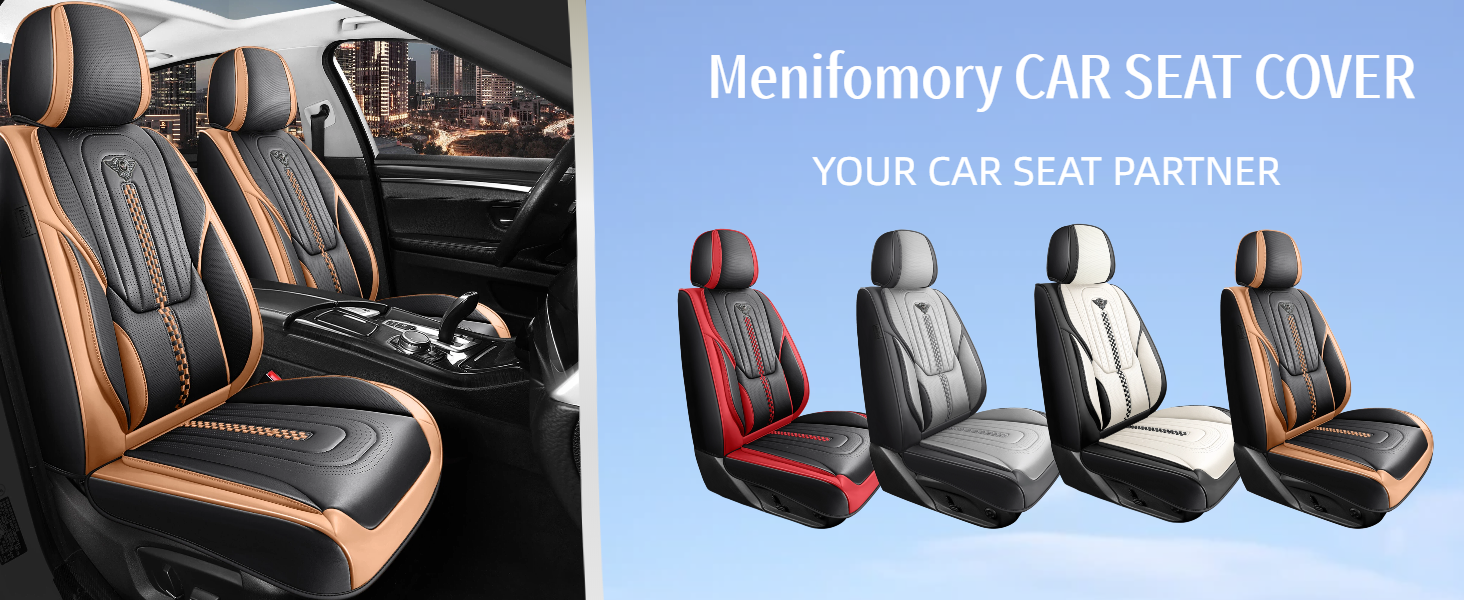 Text reads "Menlmomory CAR SEAT COVER". Split image showing car interior with patterned seat covers and product display of four different colored seat cover options.