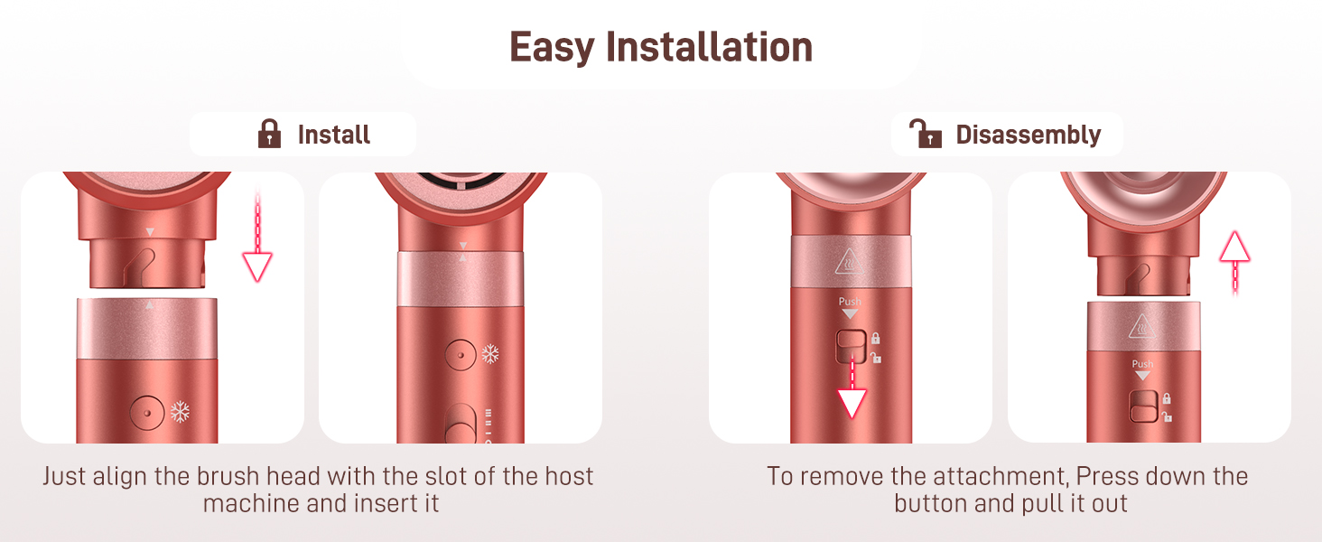 Text reads 'Easy Installation' with 'Install' and 'Disassembly' headers. Four red cylindrical device units showing step-by-step installation and disassembly instructions with directional arrows.