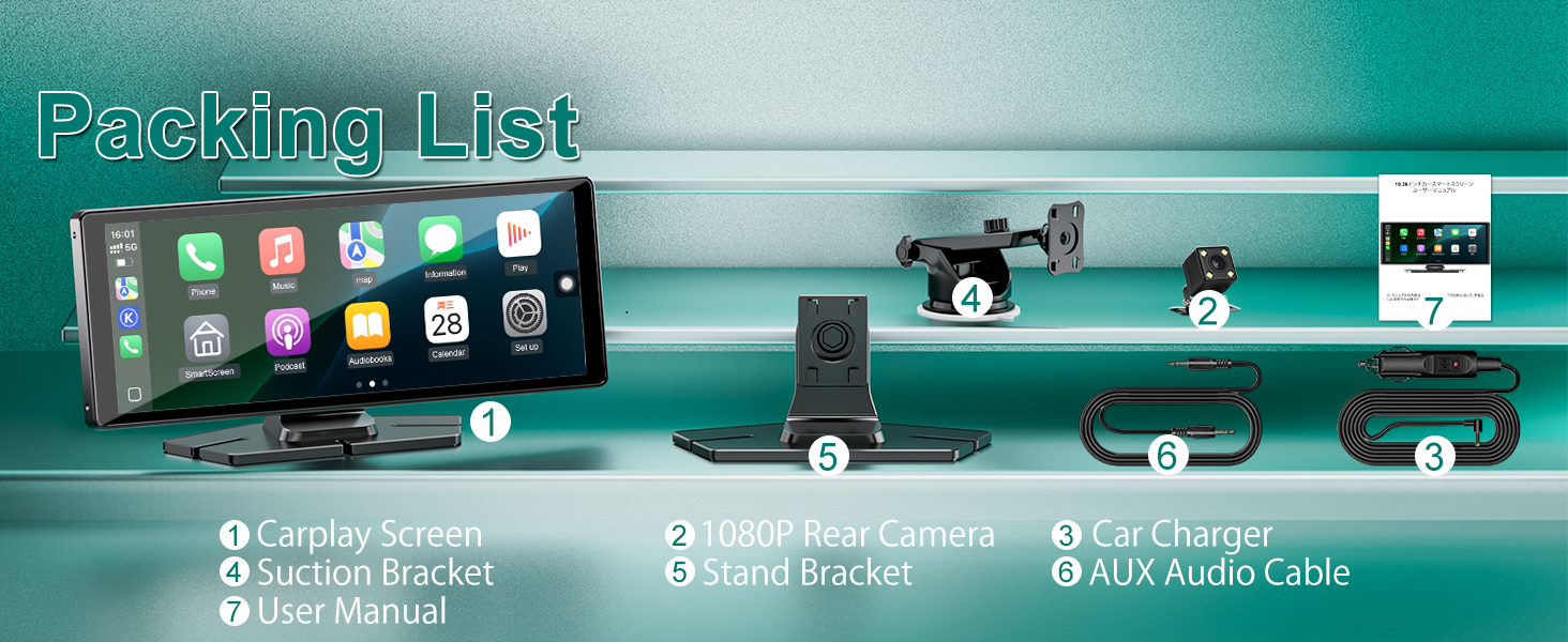 Text reads 'Packing List'. Product showcase display with multiple items arranged on turquoise shelf system with labeled sections showing electronic devices and accessories.