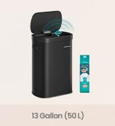 Text reads '0.8 Gallon (3L)'. White cylindrical pedal trash can with natural wood lid and black foot pedal mechanism.