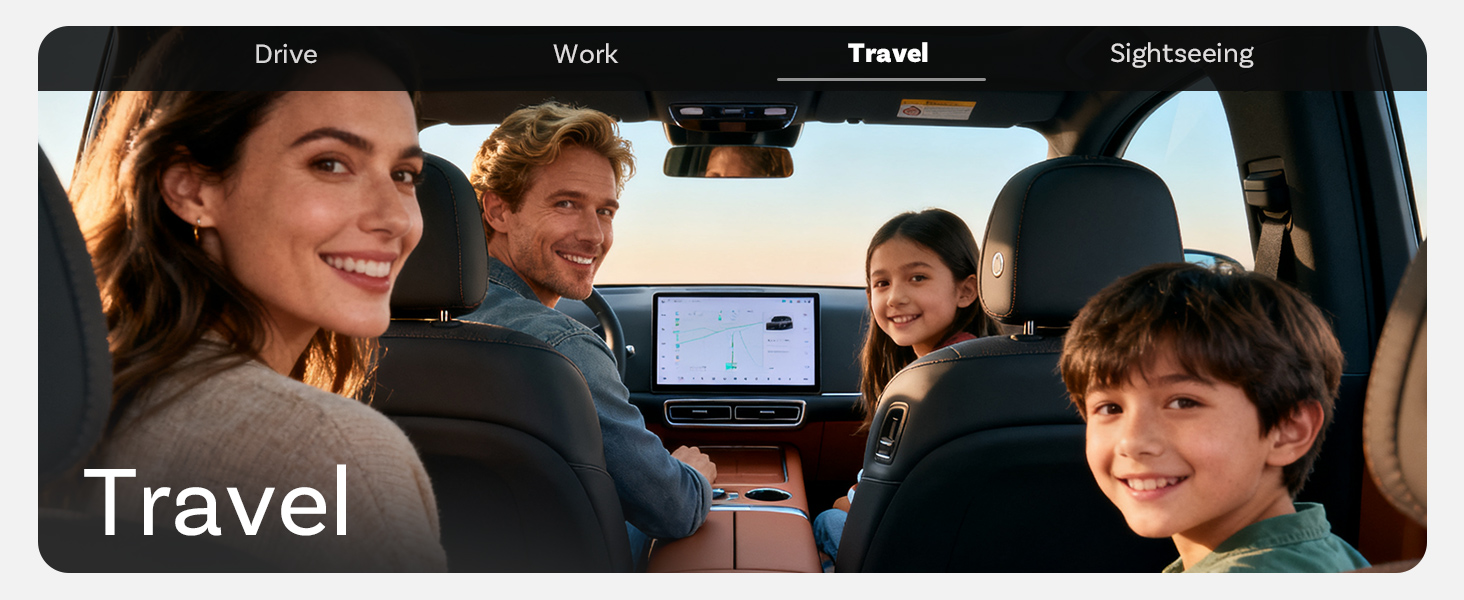Text reads 'Travel'. Interior view of vehicle with passengers in back seats, demonstrating family travel scenario.