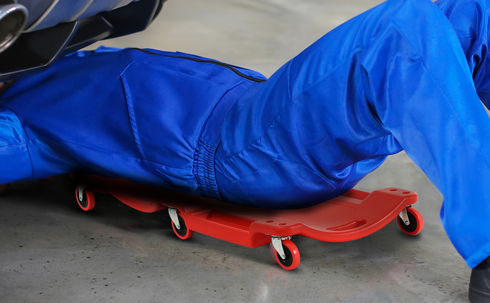 Series of images showing blue and red mechanic's creeper with wheels for working under vehicles. Low-profile design with smooth rolling wheels visible.