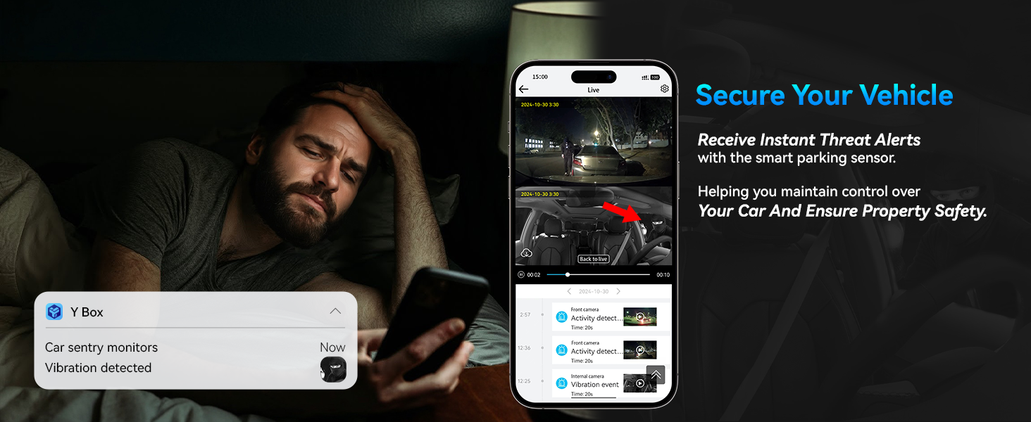 Split image showing a person using a smartphone in a dark setting, alongside a phone screen displaying a vehicle security app with threat alerts and camera view features.