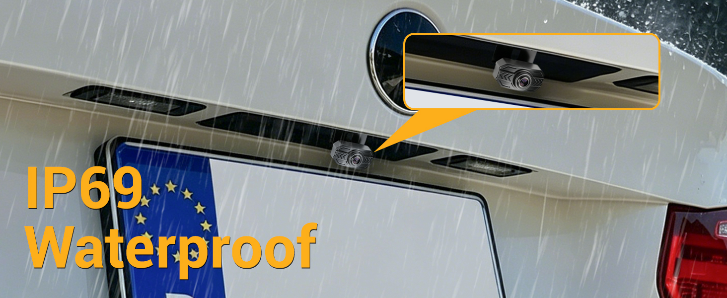 Text reads 'IP69 Waterproof.' Yellow and black waterproof equipment or device mounted on vehicle with rain visible in background.