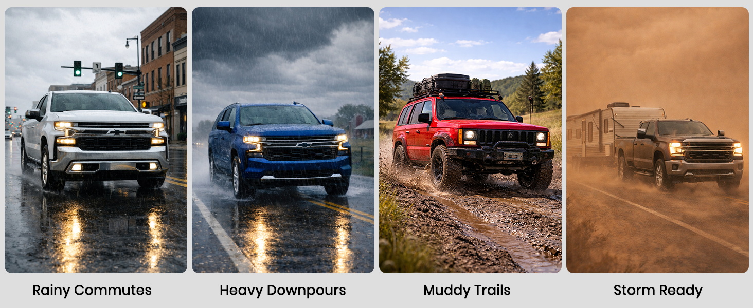 Collage of four trucks/SUVs shown in different outdoor settings - one in urban environment, one at night, one on muddy trail, and one in desert conditions.