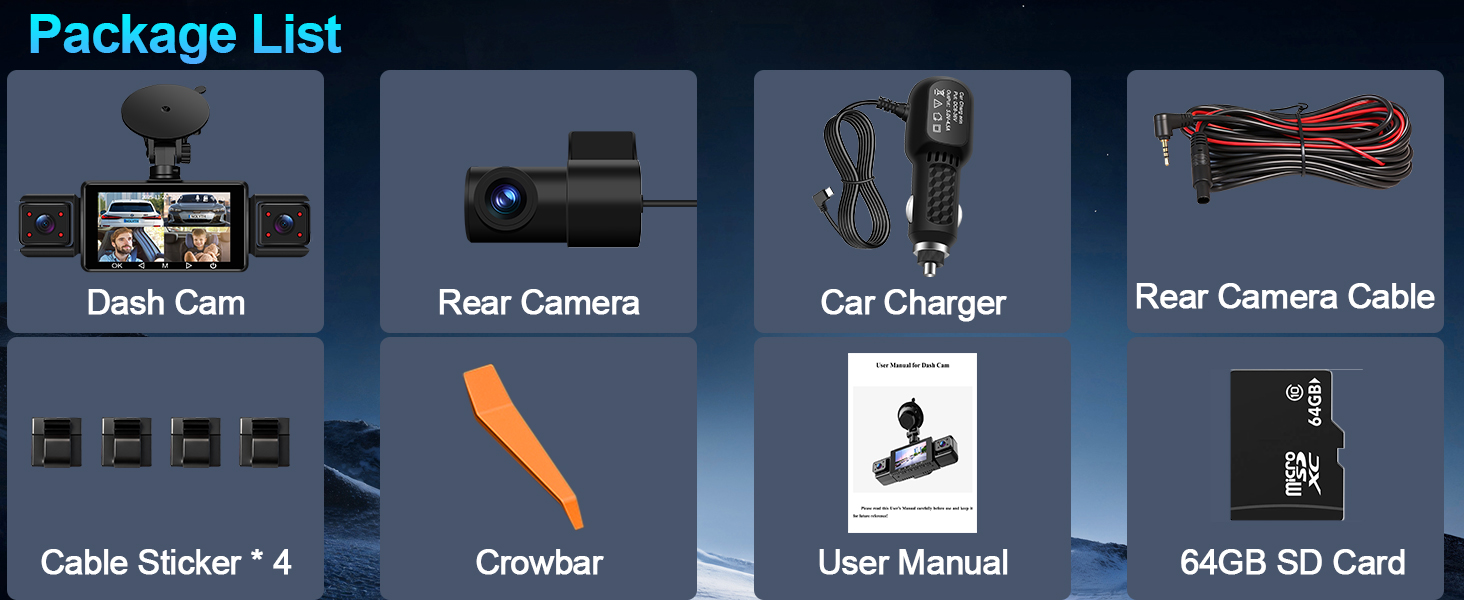 Text reads 'Package List'. Shows dash cam components: main camera, rear camera, car charger, cables, crowbar tool, manual, and 64GB SD card with icons and labels.