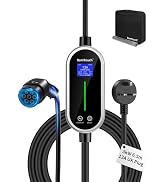 Electric vehicle charger with gold-colored control unit, LCD display, Type 2 connector, and standard plug. Includes charging cable and portable storage case.