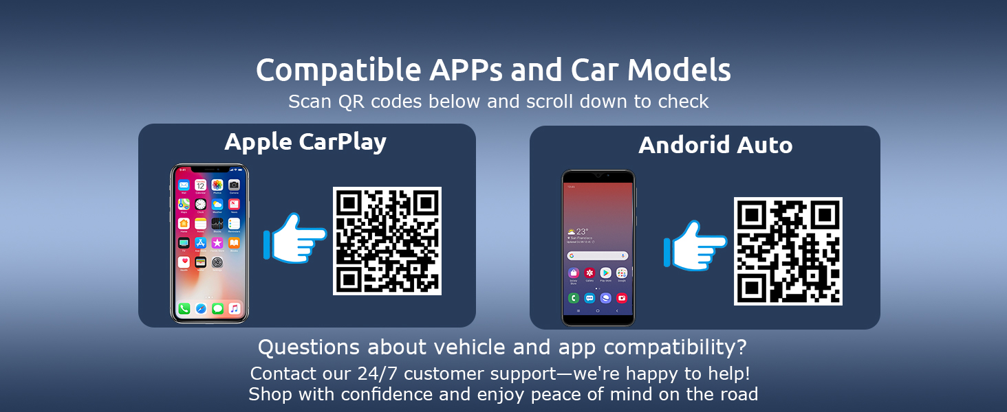 Text reads 'Compatible APPs and Car Models'. Blue interface panel showing mobile app icons and QR codes for device compatibility.
