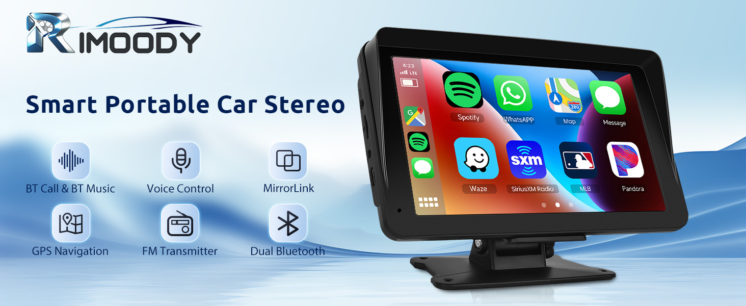 Portable Car Radio Wireless CarPlay Screen Android Auto Screen, Rimoody 7 Inch Touchscreen