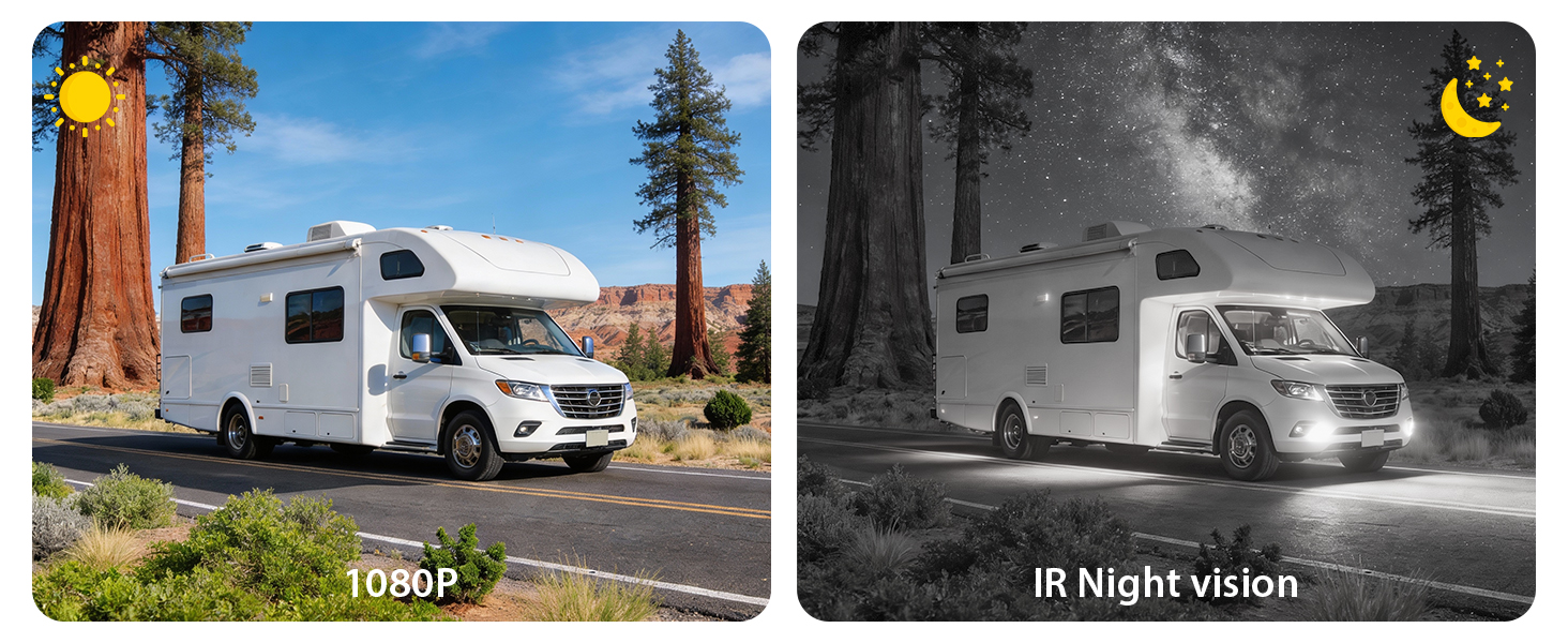 Text reads 'IR Night vision.' Series of photos showing white delivery van in daylight and nighttime settings, demonstrating vehicle visibility in different lighting conditions.