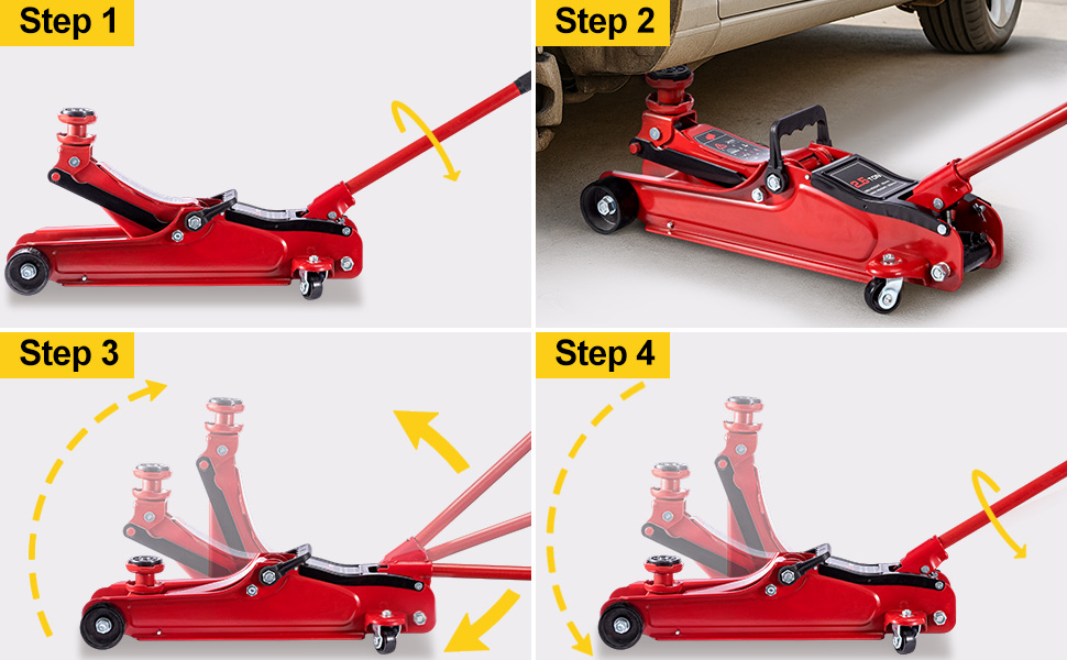 Red hydraulic floor jack positioned under a car's side, next to a yellow power drill and silver cylindrical objects on the ground.