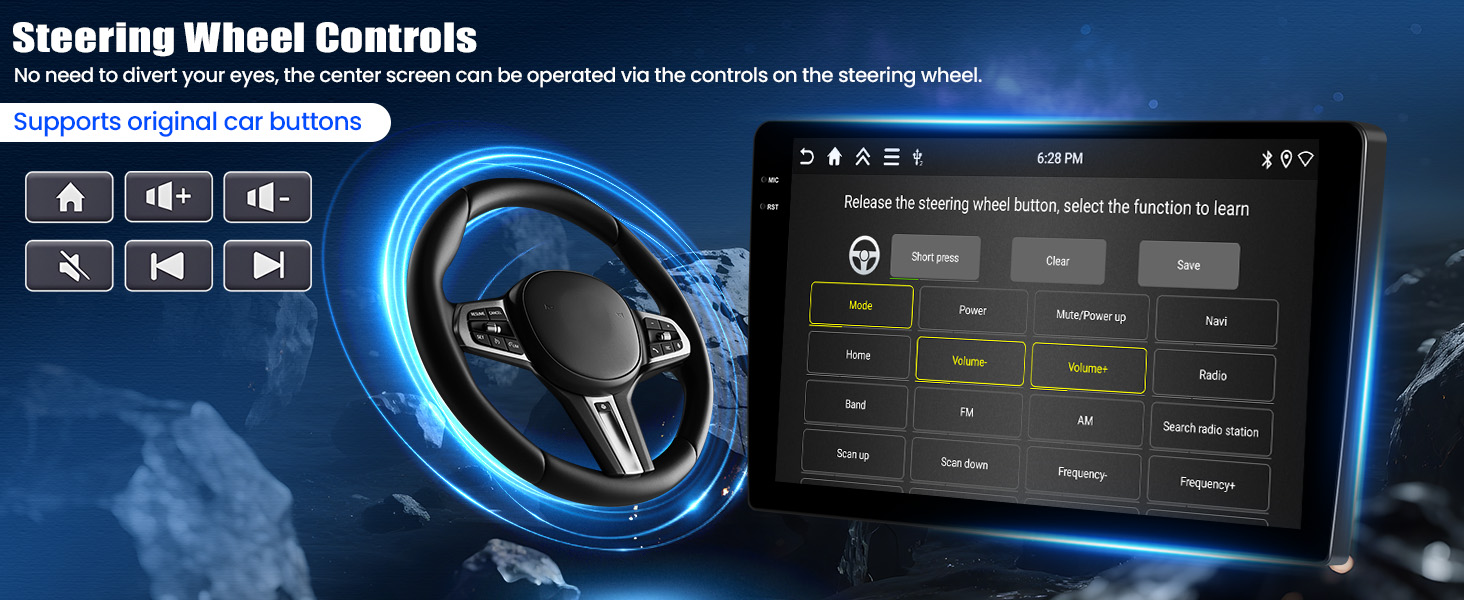 Text reads 'Steering Wheel Controls'. Car dashboard interface showing multiple digital displays with blue accent lighting and control buttons.