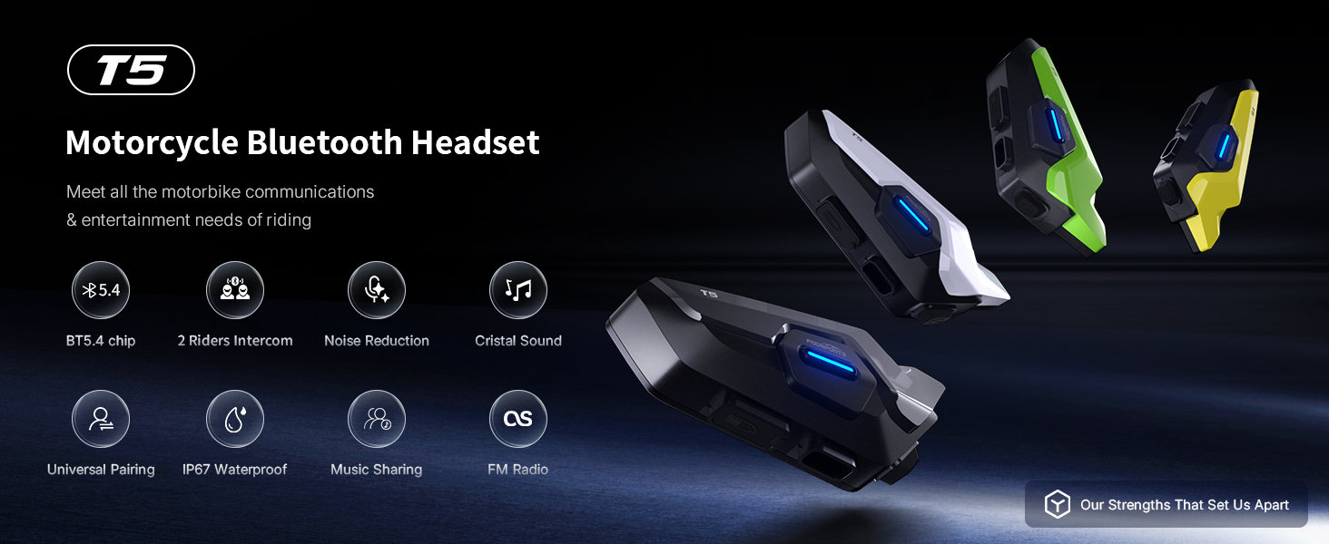 Text reads: 'Motorcycle Bluetooth Headset'. Product display showing motorcycle communication device with multiple feature icons and technical specifications on dark background.