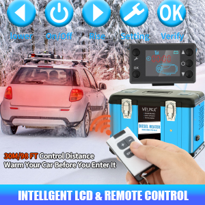 Text reads 'BUILT IN OIL DIESEL TANKLESS RUNTIME'. Series of images showing blue liquid or fuel system components with illuminated elements.