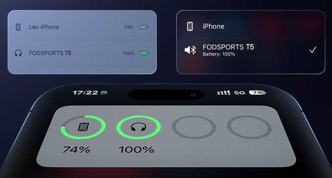 Text shows: 'Left iPhone', 'iPhone', 'Foamtips 1%', battery indicators showing '74%' and '100%'. Dark interface display showing device connection status and battery levels.