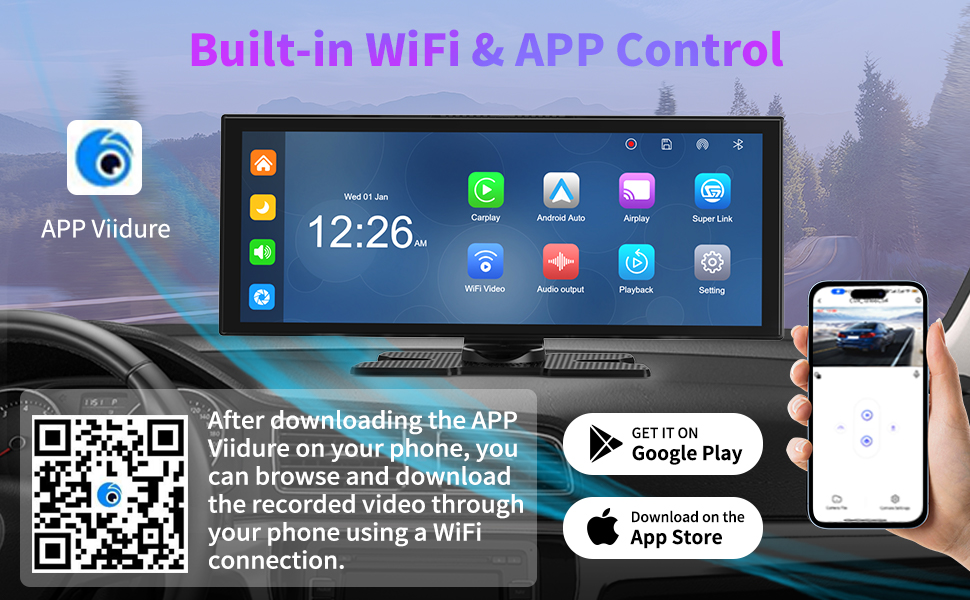 Text reads: 'Wireless HD Mirror Link' and 'Equipped with 1920*760 HD PS touch screen, you can connect your phone through Airplay/Android Cast, and enjoy smooth HD graphics.' Shows screen mirroring demonstration with gaming graphics.