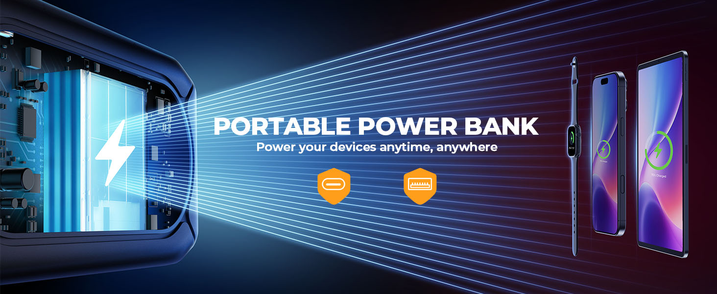 Promotional image for portable power bank showing blue digital energy beam connecting power source to smartphones with charging visualization.